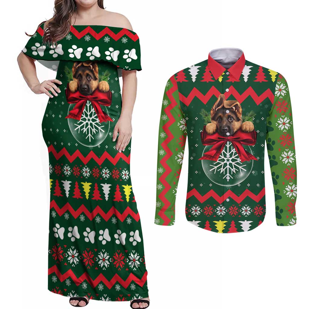 German Shepherd Ornament Christmas Couples Matching Off Shoulder Maxi Dress and Long Sleeve Button Shirt Xmas Holiday Patterns - Wonder Print Shop