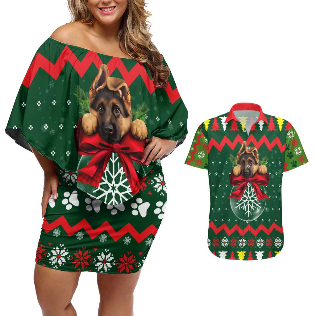 German Shepherd Ornament Christmas Couples Matching Off Shoulder Short Dress and Hawaiian Shirt Xmas Holiday Patterns - Wonder Print Shop
