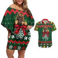 German Shepherd Ornament Christmas Couples Matching Off Shoulder Short Dress and Hawaiian Shirt Xmas Holiday Patterns - Wonder Print Shop