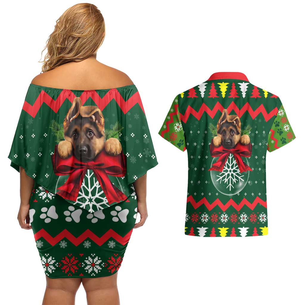 German Shepherd Ornament Christmas Couples Matching Off Shoulder Short Dress and Hawaiian Shirt Xmas Holiday Patterns - Wonder Print Shop