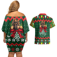 German Shepherd Ornament Christmas Couples Matching Off Shoulder Short Dress and Hawaiian Shirt Xmas Holiday Patterns - Wonder Print Shop