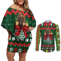 German Shepherd Ornament Christmas Couples Matching Off Shoulder Short Dress and Long Sleeve Button Shirt Xmas Holiday Patterns - Wonder Print Shop