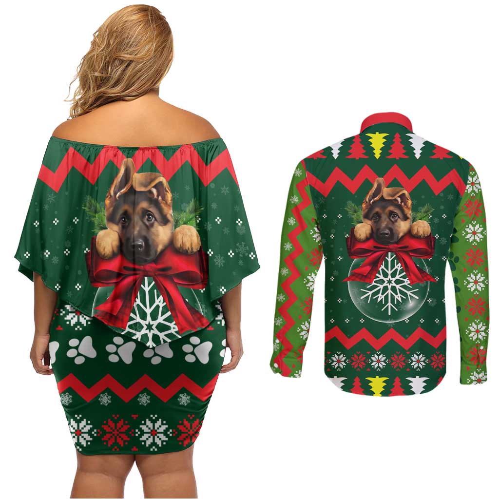 German Shepherd Ornament Christmas Couples Matching Off Shoulder Short Dress and Long Sleeve Button Shirt Xmas Holiday Patterns - Wonder Print Shop