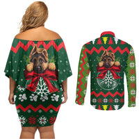 German Shepherd Ornament Christmas Couples Matching Off Shoulder Short Dress and Long Sleeve Button Shirt Xmas Holiday Patterns - Wonder Print Shop