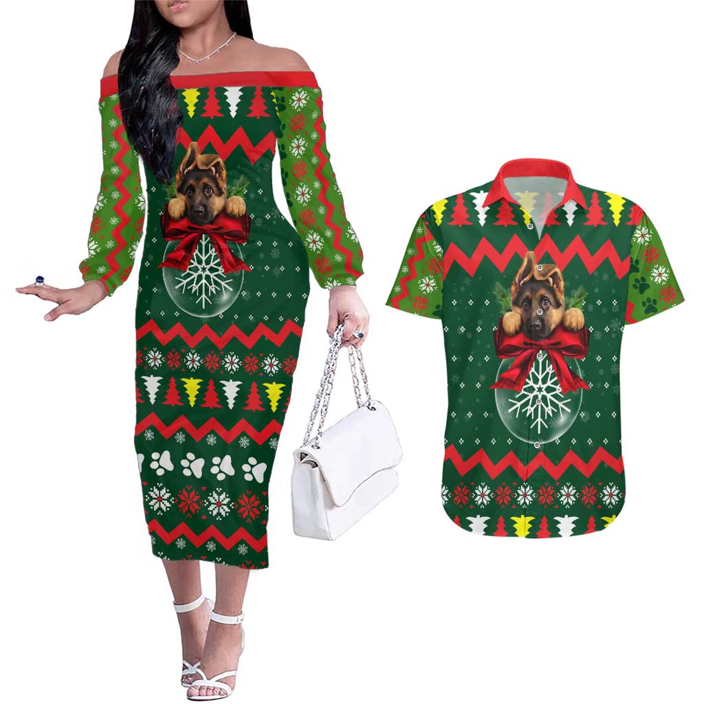 German Shepherd Ornament Christmas Couples Matching Off The Shoulder Long Sleeve Dress and Hawaiian Shirt Xmas Holiday Patterns - Wonder Print Shop