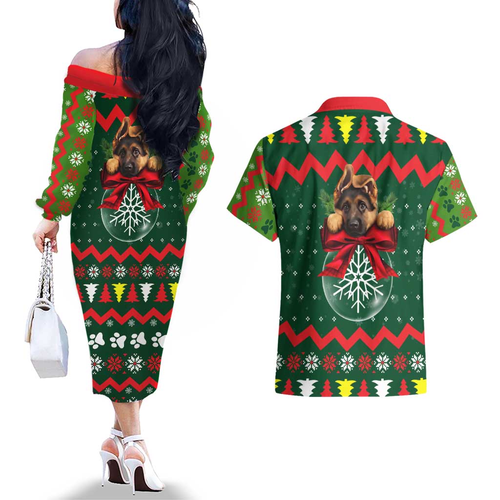 German Shepherd Ornament Christmas Couples Matching Off The Shoulder Long Sleeve Dress and Hawaiian Shirt Xmas Holiday Patterns - Wonder Print Shop