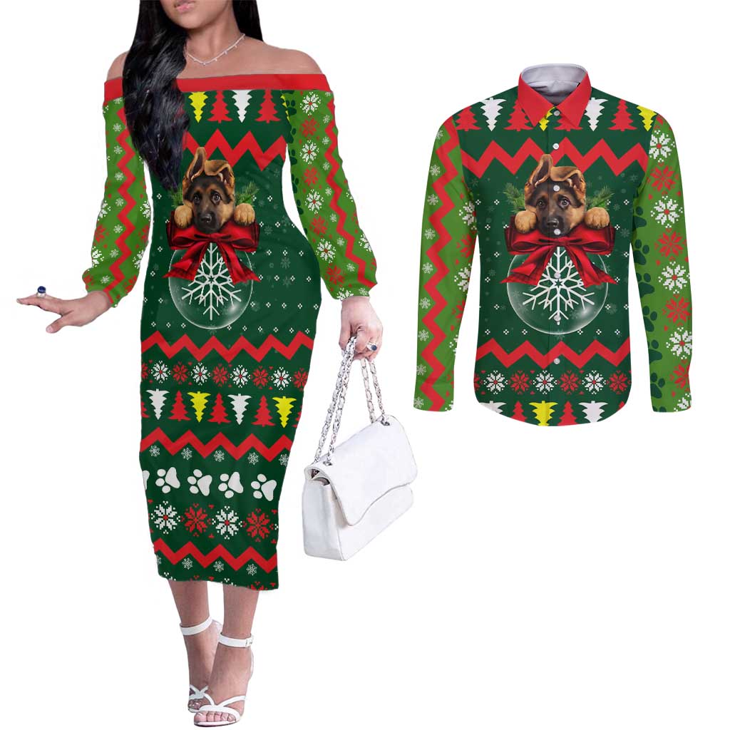German Shepherd Ornament Christmas Couples Matching Off The Shoulder Long Sleeve Dress and Long Sleeve Button Shirt Xmas Holiday Patterns - Wonder Print Shop