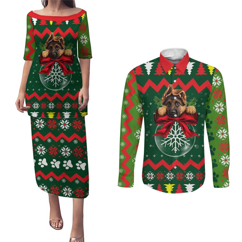 German Shepherd Ornament Christmas Couples Matching Puletasi and Long Sleeve Button Shirt Xmas Holiday Patterns - Wonder Print Shop