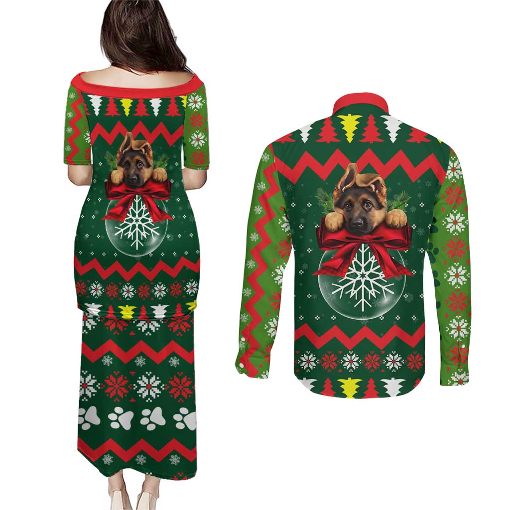 German Shepherd Ornament Christmas Couples Matching Puletasi and Long Sleeve Button Shirt Xmas Holiday Patterns - Wonder Print Shop