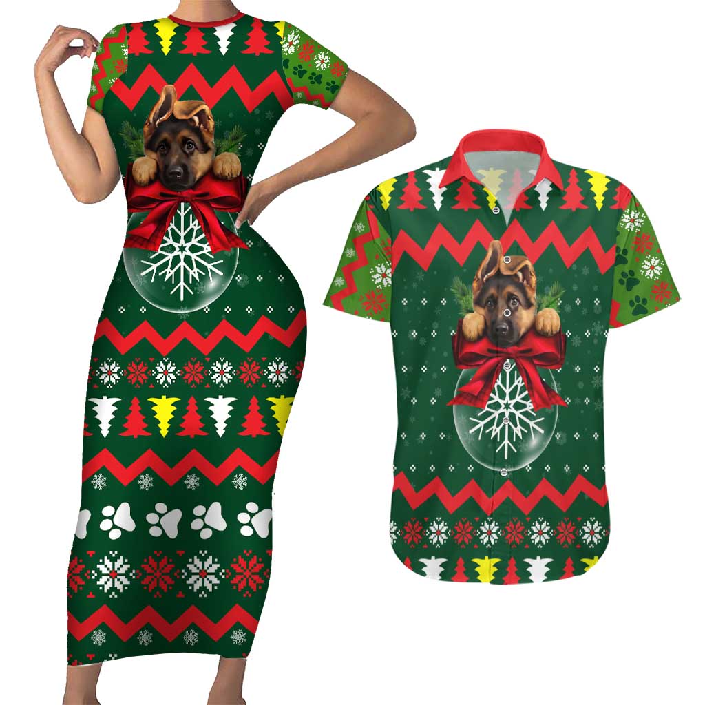 German Shepherd Ornament Christmas Couples Matching Short Sleeve Bodycon Dress and Hawaiian Shirt Xmas Holiday Patterns - Wonder Print Shop