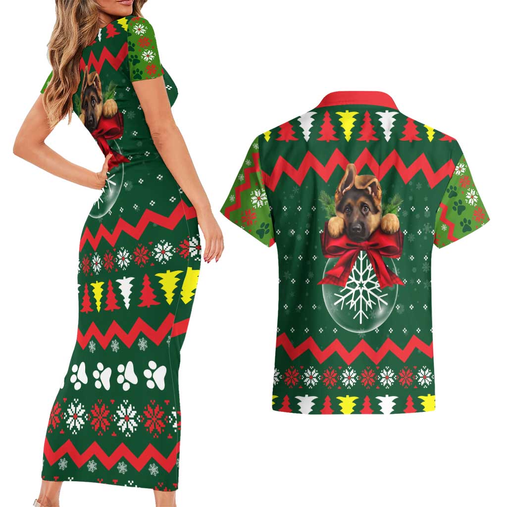 German Shepherd Ornament Christmas Couples Matching Short Sleeve Bodycon Dress and Hawaiian Shirt Xmas Holiday Patterns - Wonder Print Shop