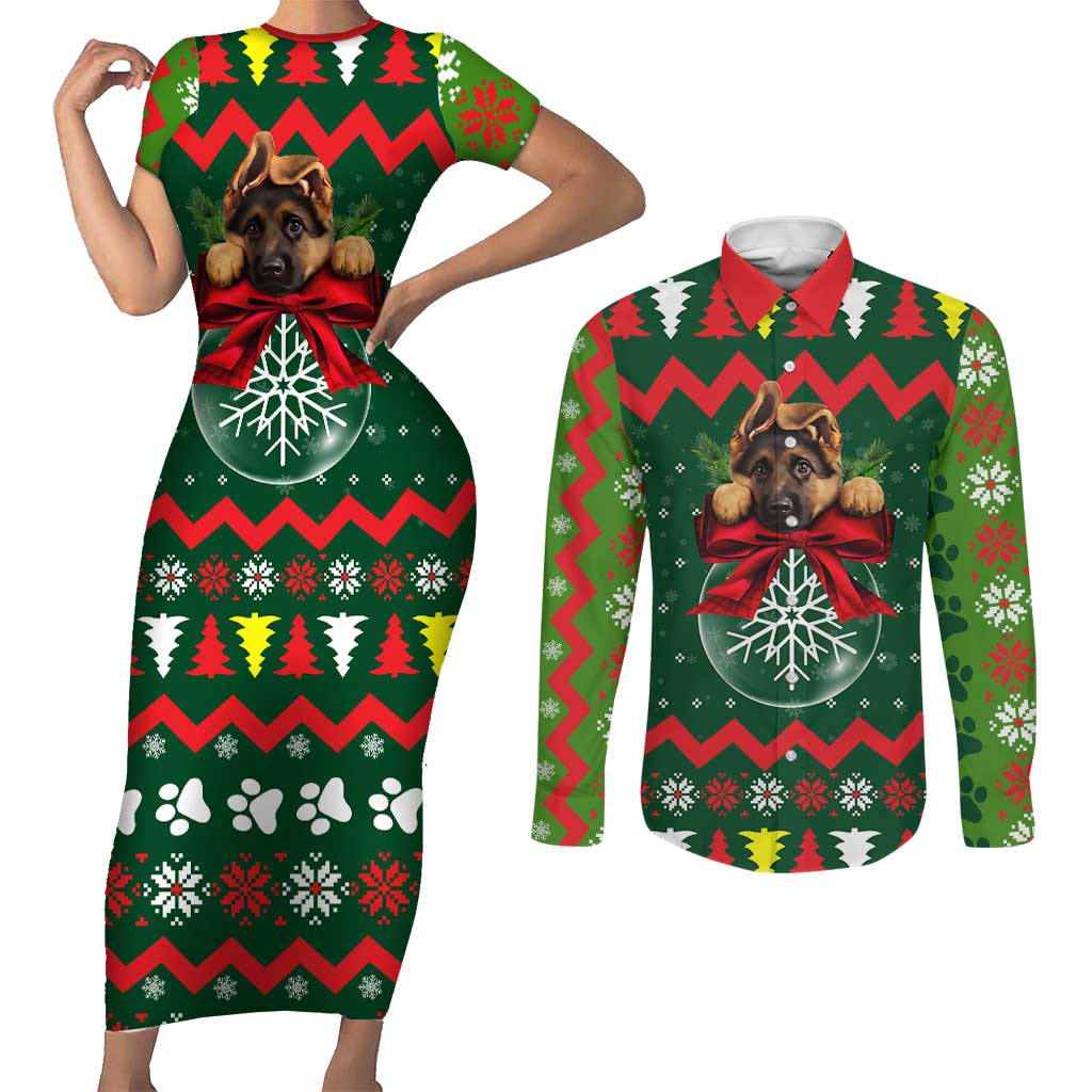 German Shepherd Ornament Christmas Couples Matching Short Sleeve Bodycon Dress and Long Sleeve Button Shirt Xmas Holiday Patterns - Wonder Print Shop