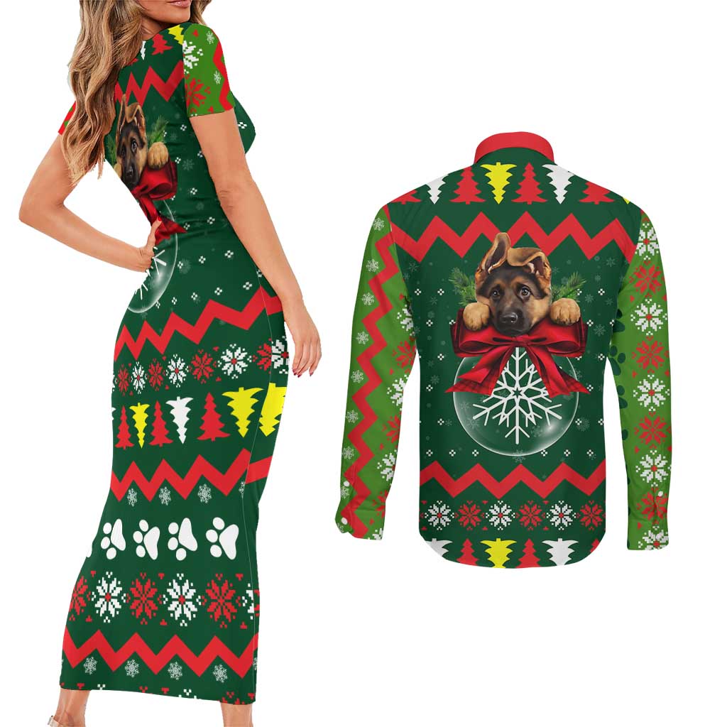 German Shepherd Ornament Christmas Couples Matching Short Sleeve Bodycon Dress and Long Sleeve Button Shirt Xmas Holiday Patterns - Wonder Print Shop
