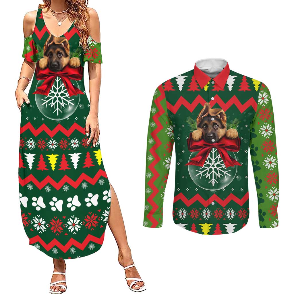 German Shepherd Ornament Christmas Couples Matching Summer Maxi Dress and Long Sleeve Button Shirt Xmas Holiday Patterns - Wonder Print Shop