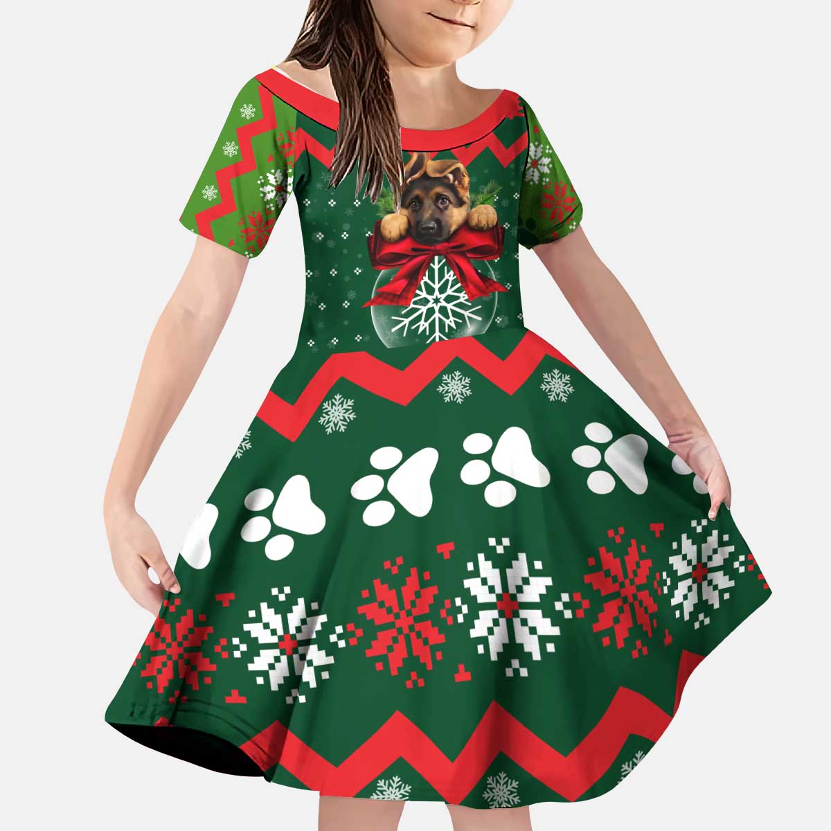 German Shepherd Ornament Christmas Kid Short Sleeve Dress Xmas Holiday Patterns - Wonder Print Shop