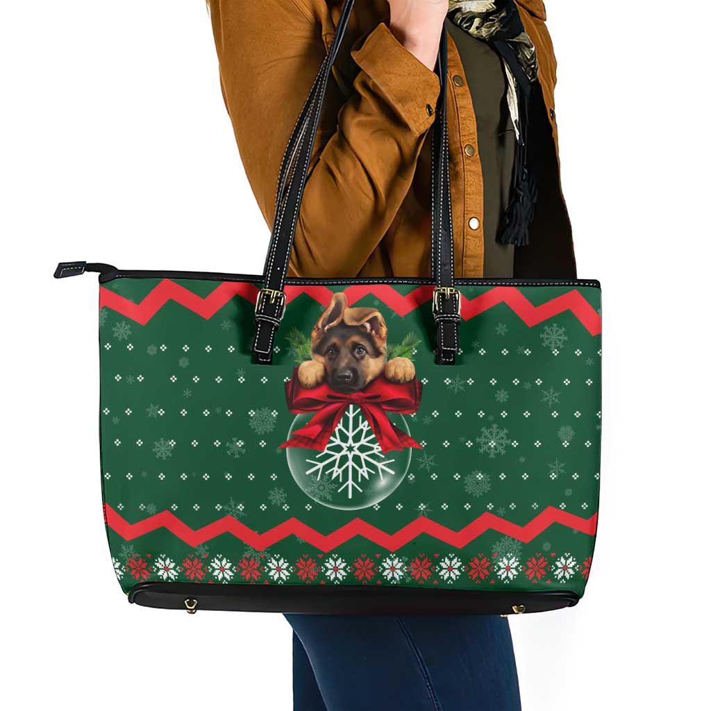 German Shepherd Ornament Christmas Leather Tote Bag Xmas Holiday Patterns - Wonder Print Shop