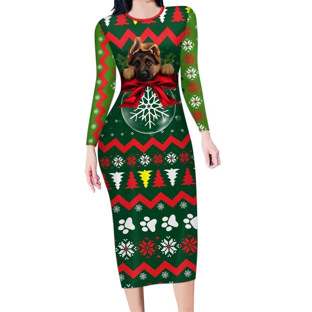 German Shepherd Ornament Christmas Long Sleeve Bodycon Dress Xmas Holiday Patterns - Wonder Print Shop