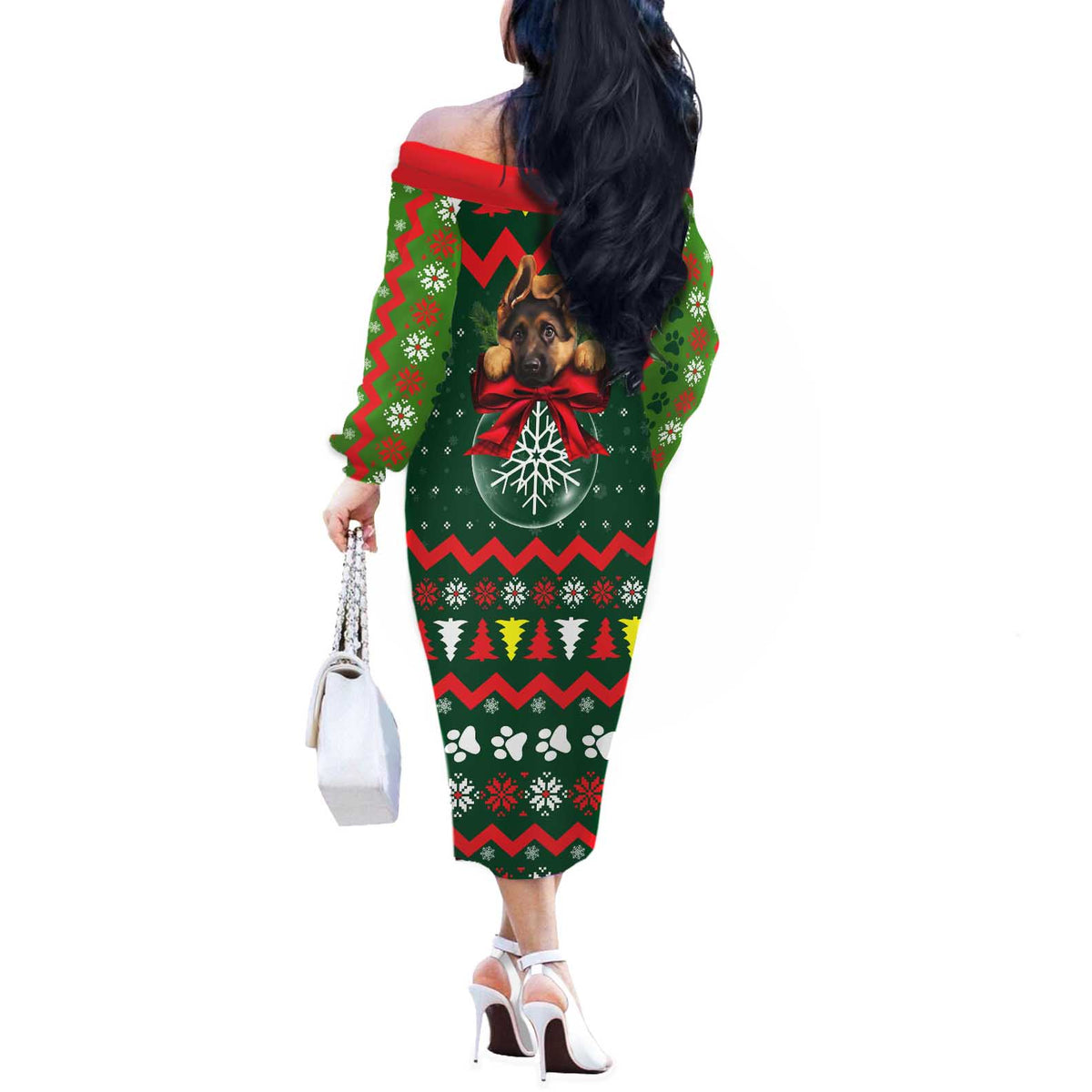 German Shepherd Ornament Christmas Off The Shoulder Long Sleeve Dress Xmas Holiday Patterns - Wonder Print Shop