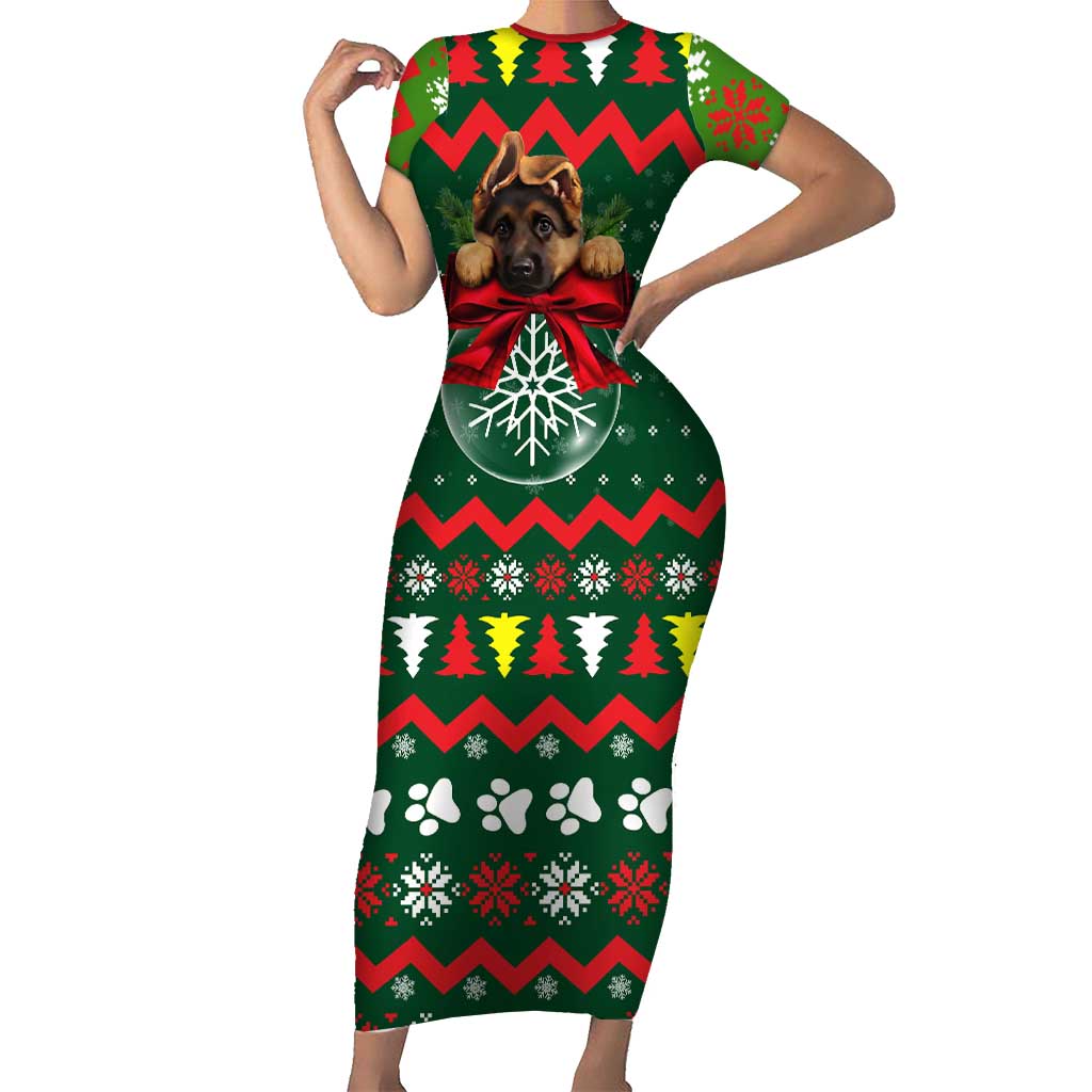 German Shepherd Ornament Christmas Short Sleeve Bodycon Dress Xmas Holiday Patterns - Wonder Print Shop