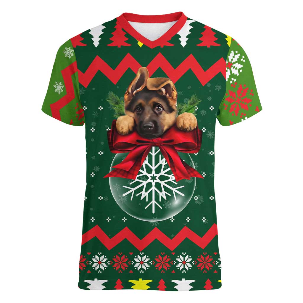 German Shepherd Ornament Christmas Women V-Neck T-Shirt Xmas Holiday Patterns - Wonder Print Shop
