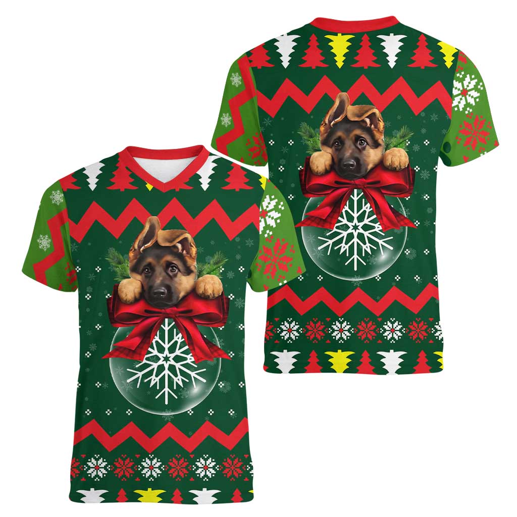 German Shepherd Ornament Christmas Women V-Neck T-Shirt Xmas Holiday Patterns - Wonder Print Shop