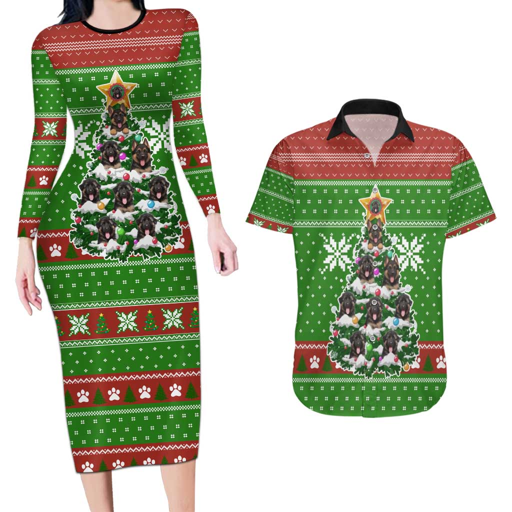 German Shepherd Pine Xmas Christmas Couples Matching Long Sleeve Bodycon Dress and Hawaiian Shirt Xmas Holiday Patterns - Wonder Print Shop