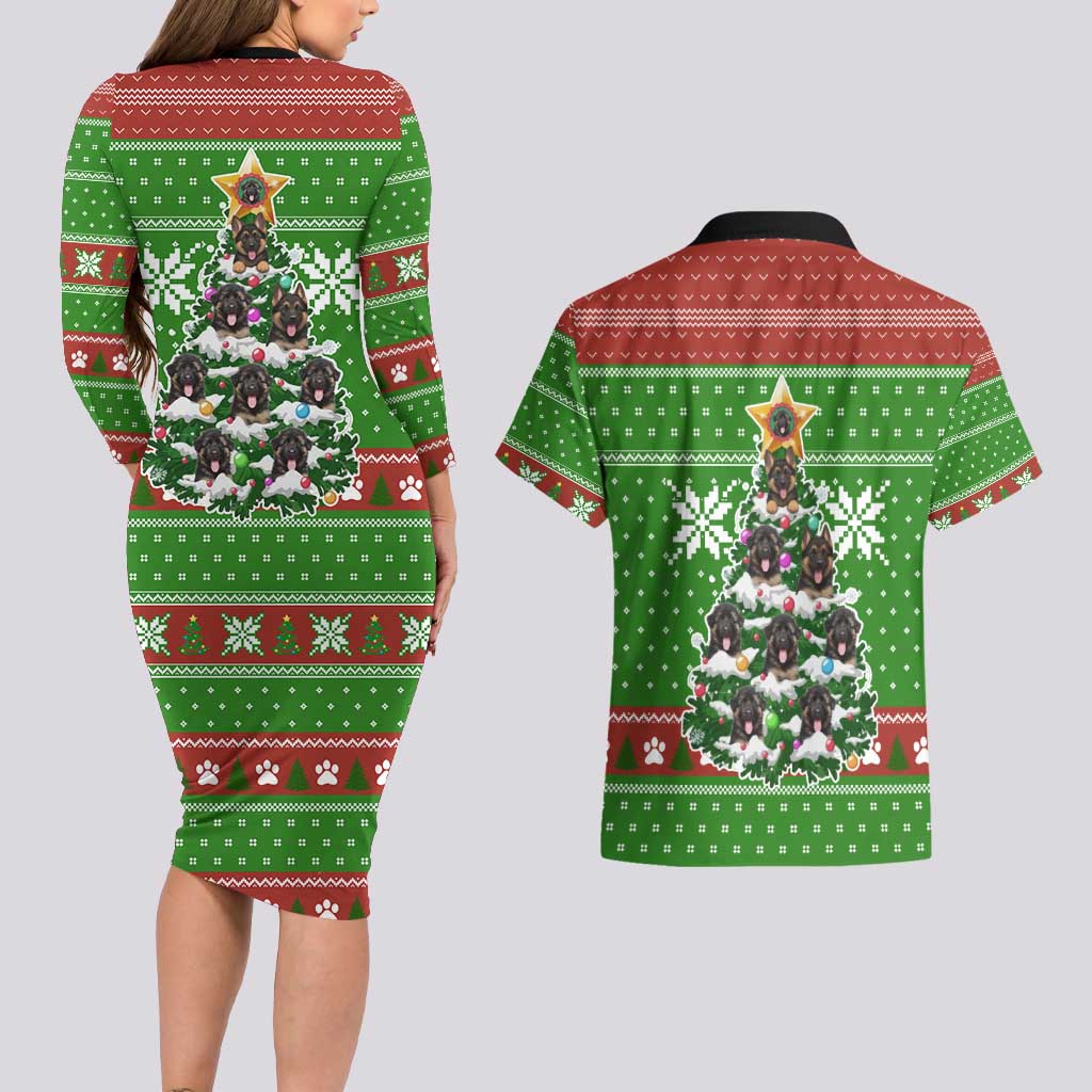 German Shepherd Pine Xmas Christmas Couples Matching Long Sleeve Bodycon Dress and Hawaiian Shirt Xmas Holiday Patterns - Wonder Print Shop