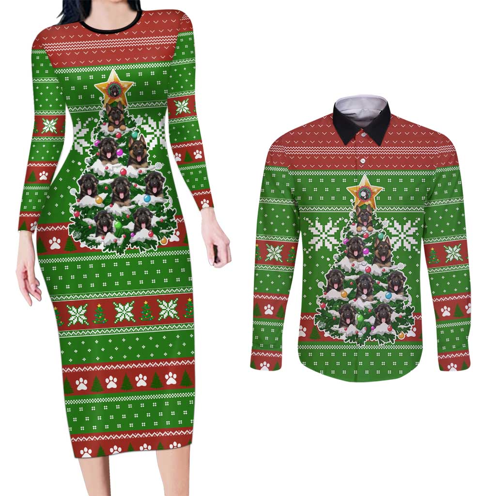 German Shepherd Pine Xmas Christmas Couples Matching Long Sleeve Bodycon Dress and Long Sleeve Button Shirt Xmas Holiday Patterns - Wonder Print Shop