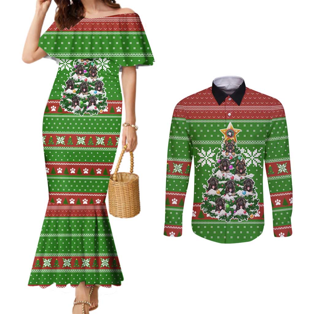 German Shepherd Pine Xmas Christmas Couples Matching Mermaid Dress and Long Sleeve Button Shirt Xmas Holiday Patterns - Wonder Print Shop