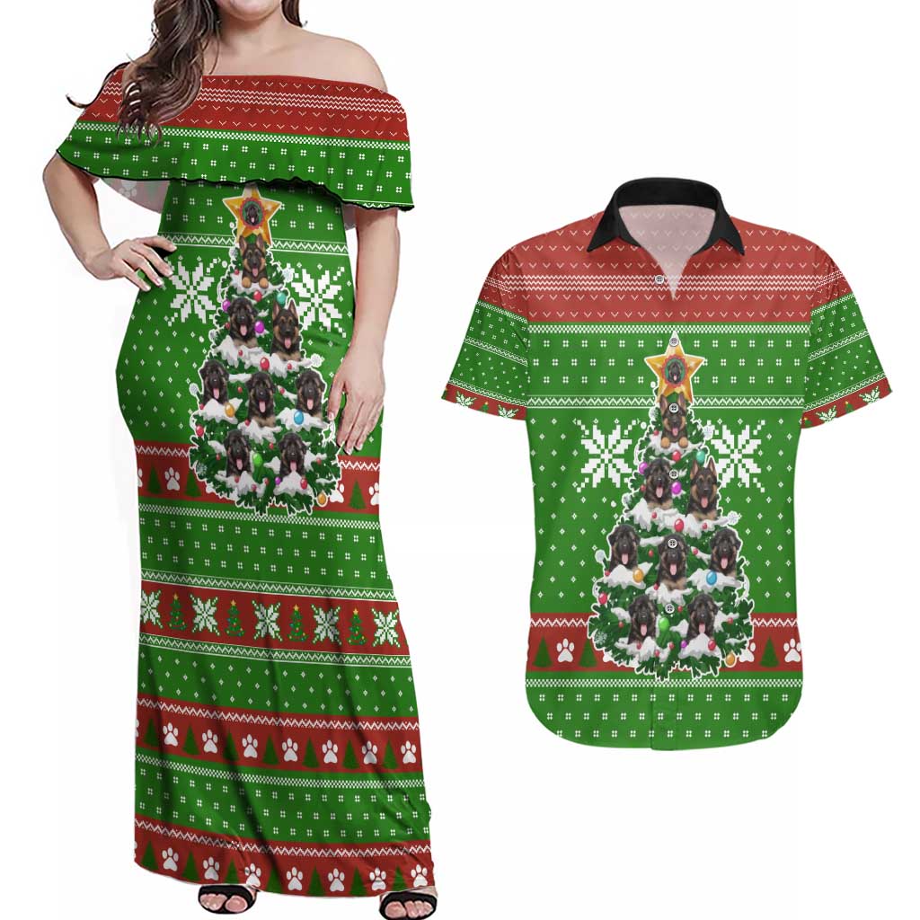 German Shepherd Pine Xmas Christmas Couples Matching Off Shoulder Maxi Dress and Hawaiian Shirt Xmas Holiday Patterns - Wonder Print Shop