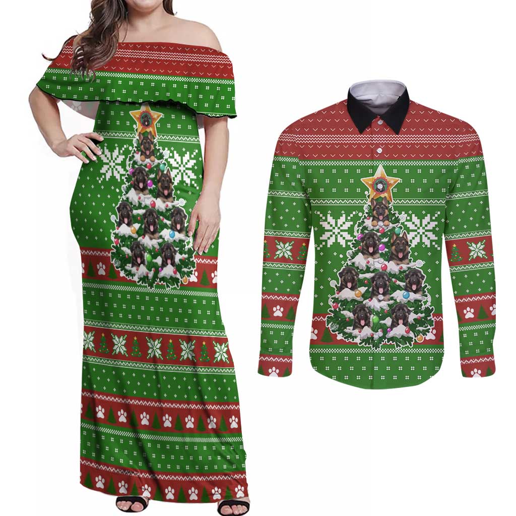 German Shepherd Pine Xmas Christmas Couples Matching Off Shoulder Maxi Dress and Long Sleeve Button Shirt Xmas Holiday Patterns - Wonder Print Shop