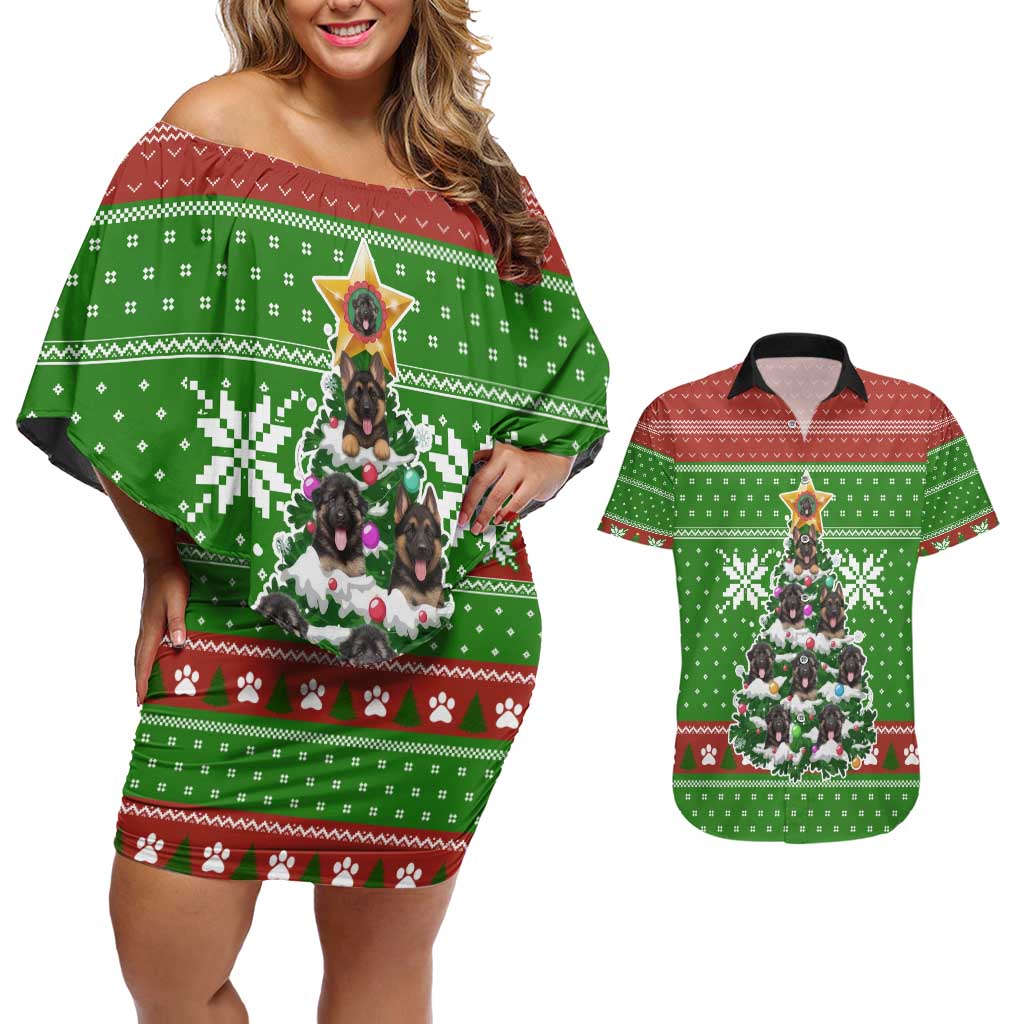 German Shepherd Pine Xmas Christmas Couples Matching Off Shoulder Short Dress and Hawaiian Shirt Xmas Holiday Patterns - Wonder Print Shop