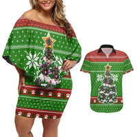 German Shepherd Pine Xmas Christmas Couples Matching Off Shoulder Short Dress and Hawaiian Shirt Xmas Holiday Patterns - Wonder Print Shop