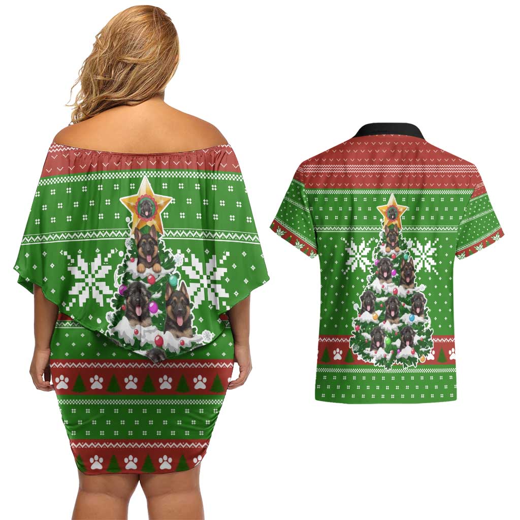 German Shepherd Pine Xmas Christmas Couples Matching Off Shoulder Short Dress and Hawaiian Shirt Xmas Holiday Patterns - Wonder Print Shop