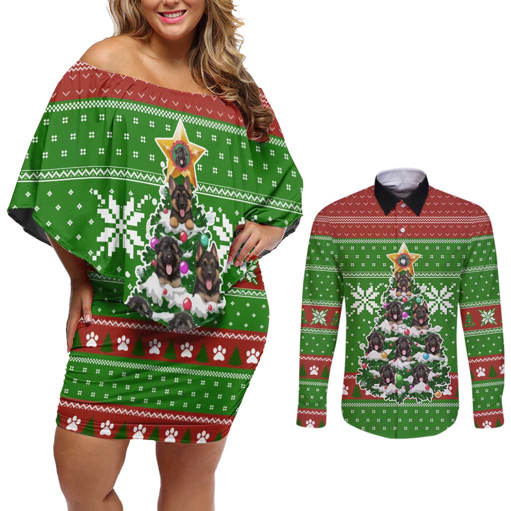 German Shepherd Pine Xmas Christmas Couples Matching Off Shoulder Short Dress and Long Sleeve Button Shirt Xmas Holiday Patterns - Wonder Print Shop
