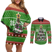 German Shepherd Pine Xmas Christmas Couples Matching Off Shoulder Short Dress and Long Sleeve Button Shirt Xmas Holiday Patterns - Wonder Print Shop