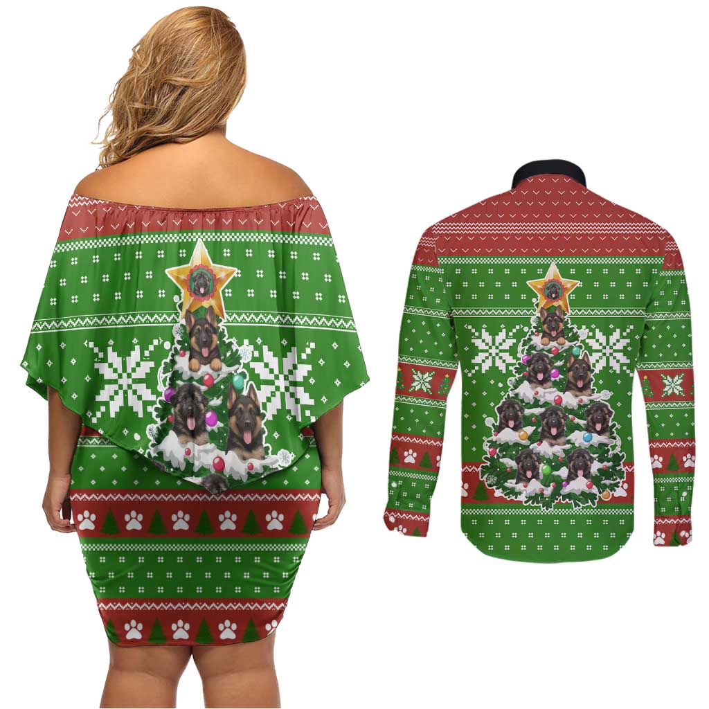 German Shepherd Pine Xmas Christmas Couples Matching Off Shoulder Short Dress and Long Sleeve Button Shirt Xmas Holiday Patterns - Wonder Print Shop