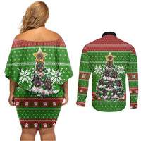 German Shepherd Pine Xmas Christmas Couples Matching Off Shoulder Short Dress and Long Sleeve Button Shirt Xmas Holiday Patterns - Wonder Print Shop