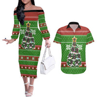German Shepherd Pine Xmas Christmas Couples Matching Off The Shoulder Long Sleeve Dress and Hawaiian Shirt Xmas Holiday Patterns - Wonder Print Shop
