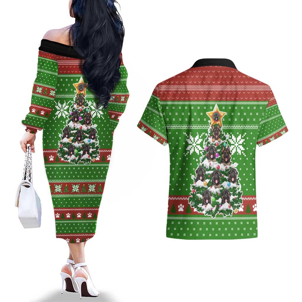 German Shepherd Pine Xmas Christmas Couples Matching Off The Shoulder Long Sleeve Dress and Hawaiian Shirt Xmas Holiday Patterns - Wonder Print Shop