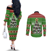 German Shepherd Pine Xmas Christmas Couples Matching Off The Shoulder Long Sleeve Dress and Long Sleeve Button Shirt Xmas Holiday Patterns - Wonder Print Shop