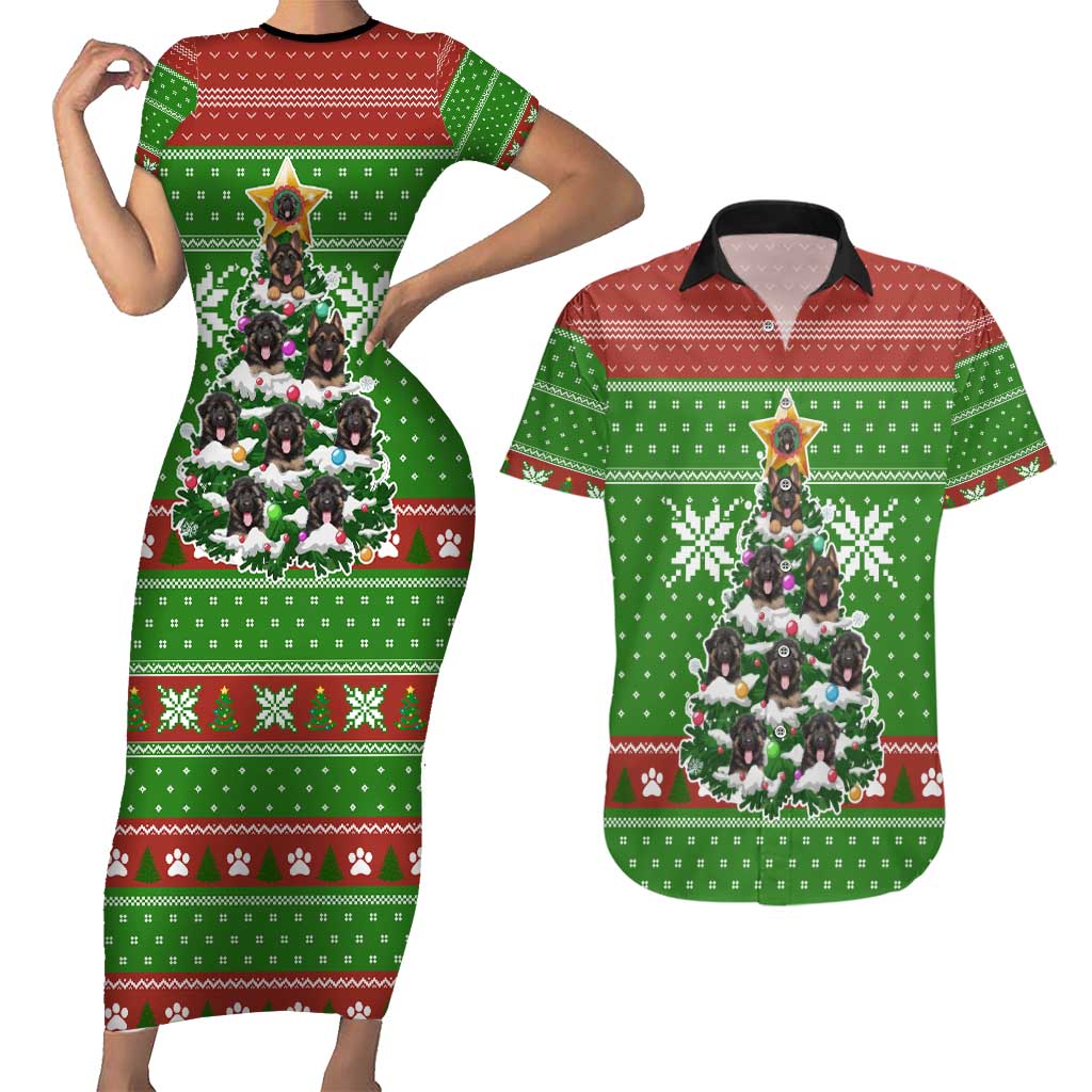 German Shepherd Pine Xmas Christmas Couples Matching Short Sleeve Bodycon Dress and Hawaiian Shirt Xmas Holiday Patterns - Wonder Print Shop