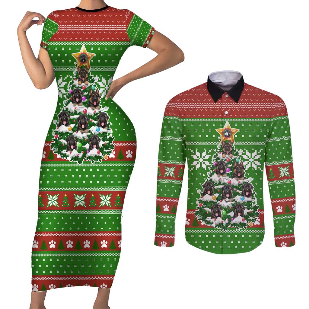 German Shepherd Pine Xmas Christmas Couples Matching Short Sleeve Bodycon Dress and Long Sleeve Button Shirt Xmas Holiday Patterns - Wonder Print Shop