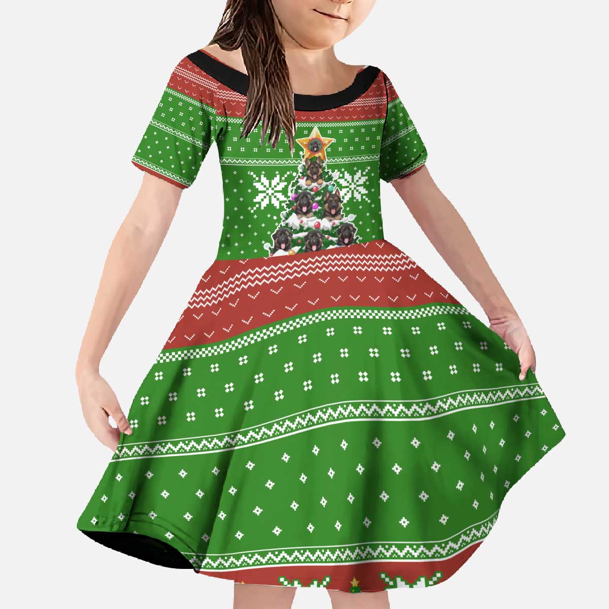 German Shepherd Pine Xmas Christmas Family Matching Off The Shoulder Long Sleeve Dress and Hawaiian Shirt Xmas Holiday Patterns - Wonder Print Shop
