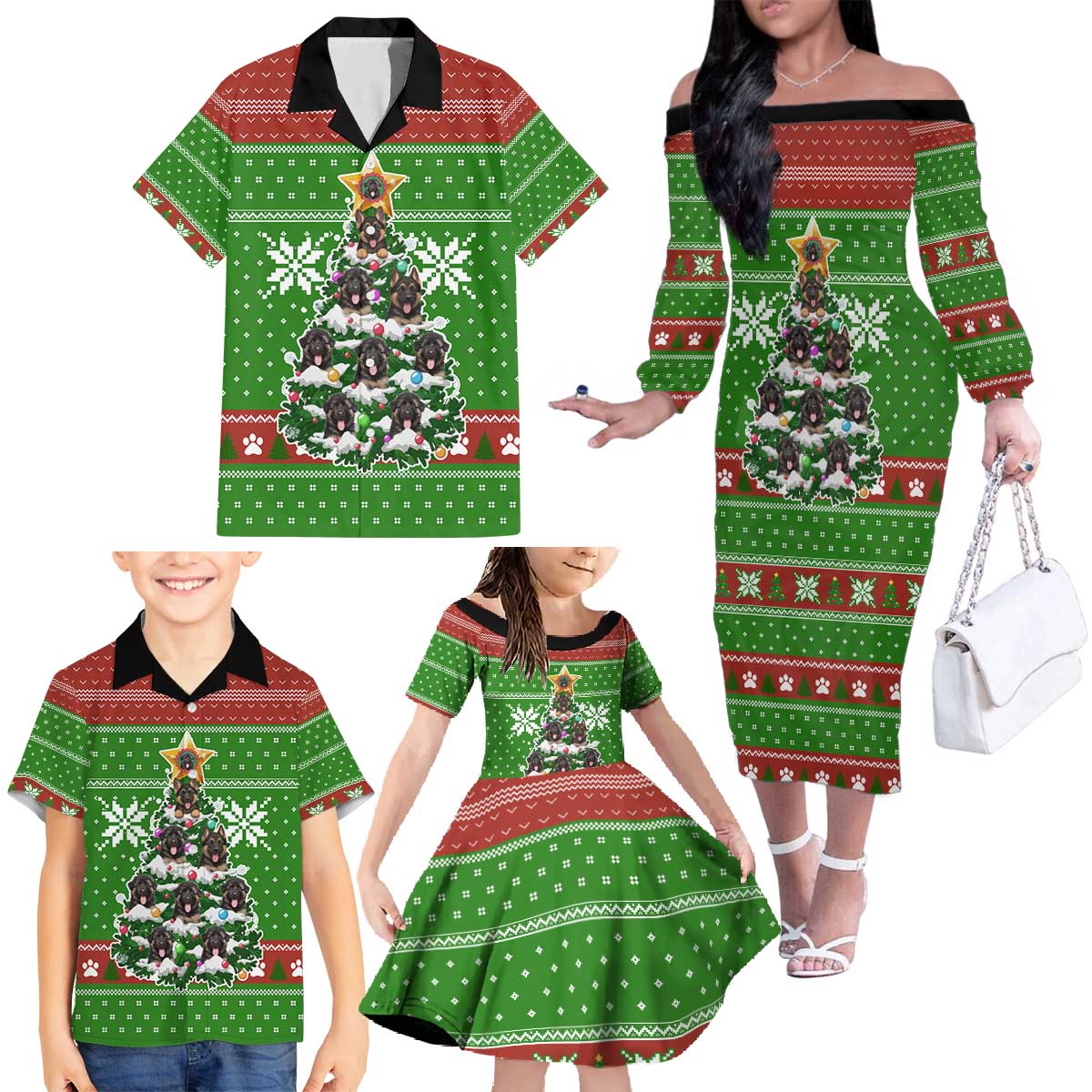 German Shepherd Pine Xmas Christmas Family Matching Off The Shoulder Long Sleeve Dress and Hawaiian Shirt Xmas Holiday Patterns - Wonder Print Shop
