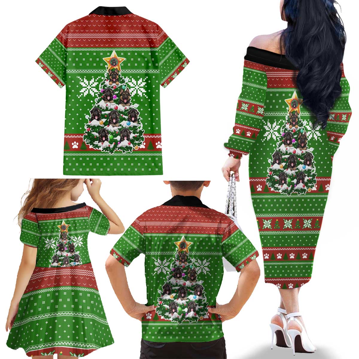 German Shepherd Pine Xmas Christmas Family Matching Off The Shoulder Long Sleeve Dress and Hawaiian Shirt Xmas Holiday Patterns - Wonder Print Shop