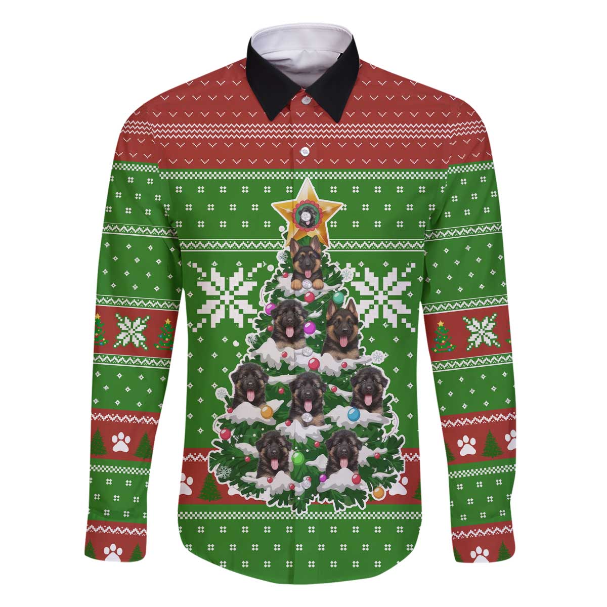 German Shepherd Pine Xmas Christmas Family Matching Off The Shoulder Long Sleeve Dress and Hawaiian Shirt Xmas Holiday Patterns - Wonder Print Shop