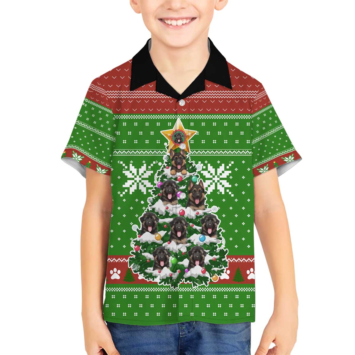 German Shepherd Pine Xmas Christmas Family Matching Off The Shoulder Long Sleeve Dress and Hawaiian Shirt Xmas Holiday Patterns - Wonder Print Shop