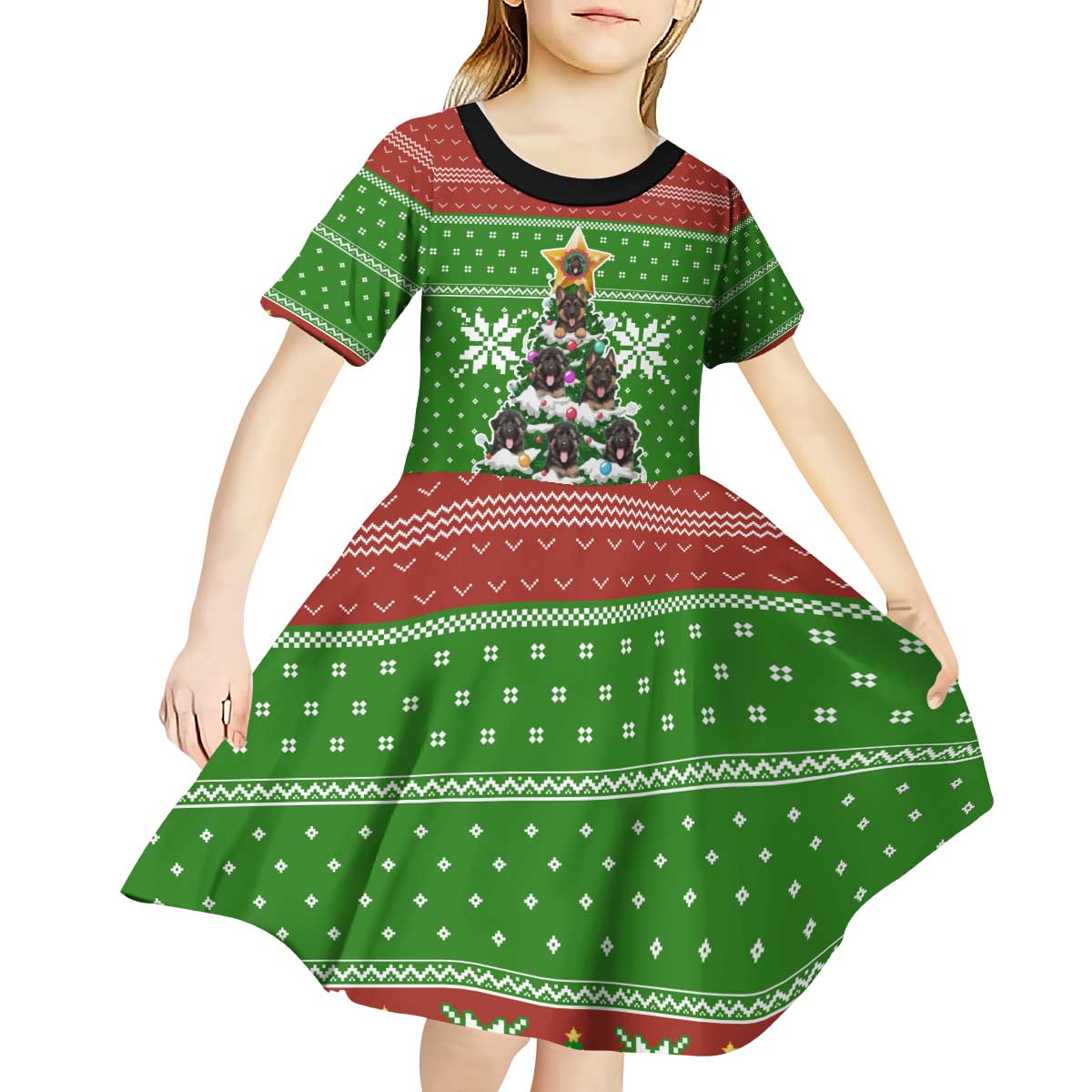 German Shepherd Pine Xmas Christmas Kid Short Sleeve Dress Xmas Holiday Patterns - Wonder Print Shop