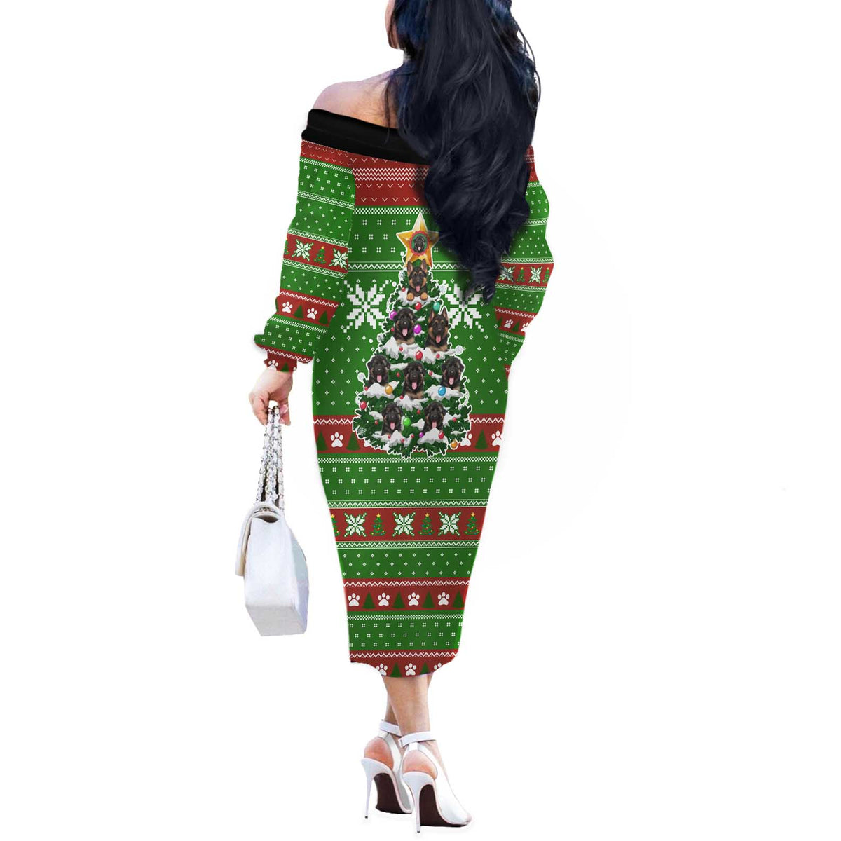 German Shepherd Pine Xmas Christmas Off The Shoulder Long Sleeve Dress Xmas Holiday Patterns - Wonder Print Shop